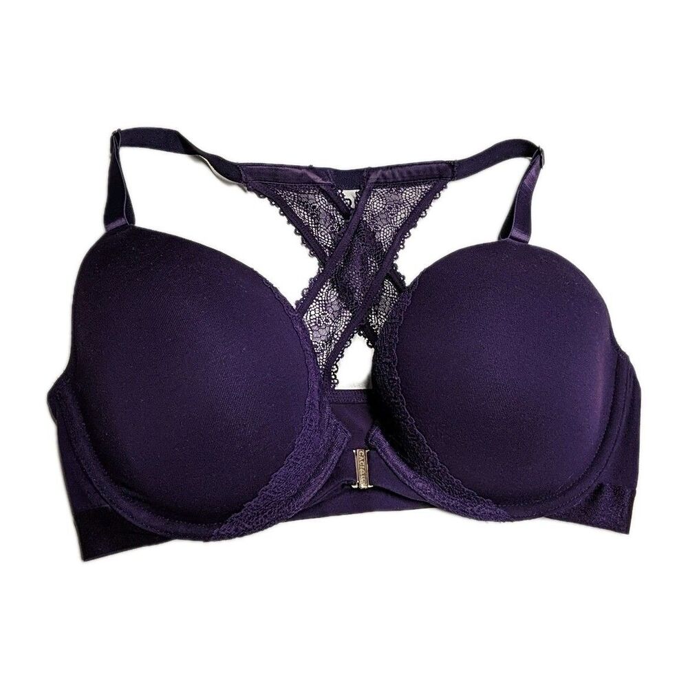 Cacique Bra 38DDD Boost Plunge Lace Back & Trims Cross Back Purple 38 DDD Front